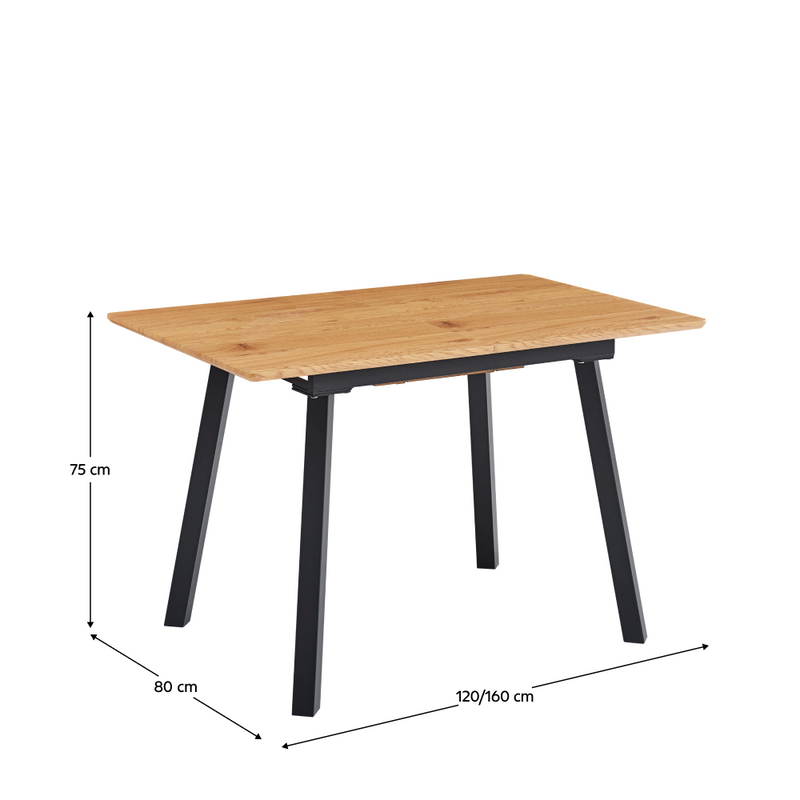 Kihúzható étkezőasztal, 120-160x80 cm, tölgy/fekete, DIRAN