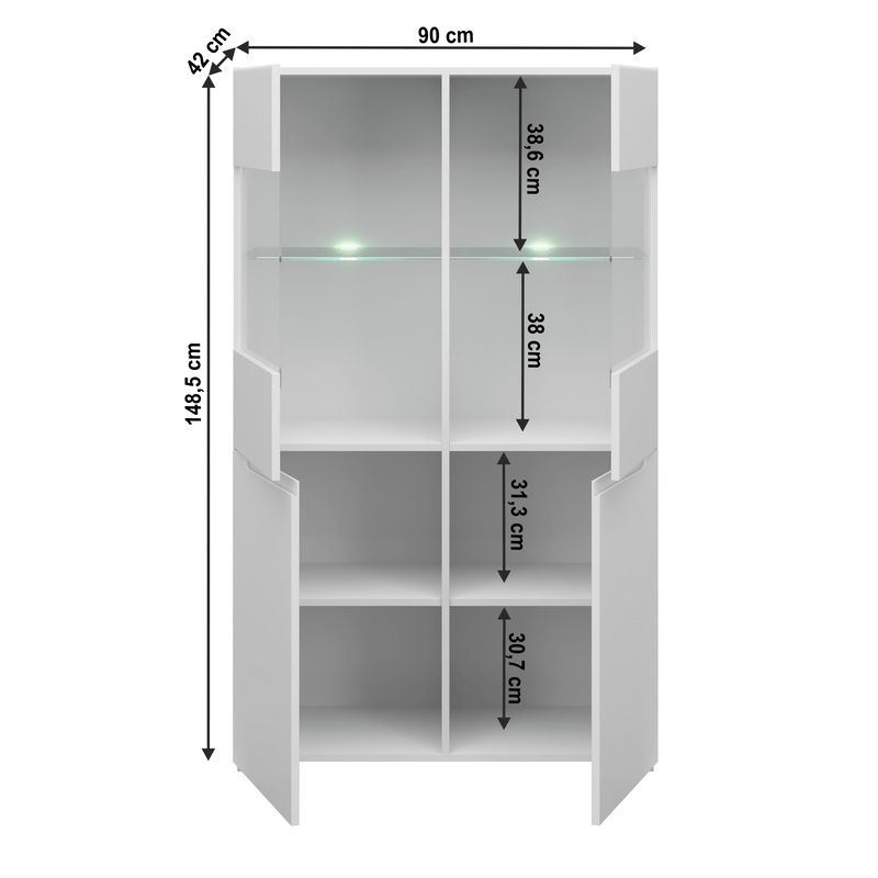 Vitrín 2D2W, fehér/fehér extra magasfényű HG, JOLK