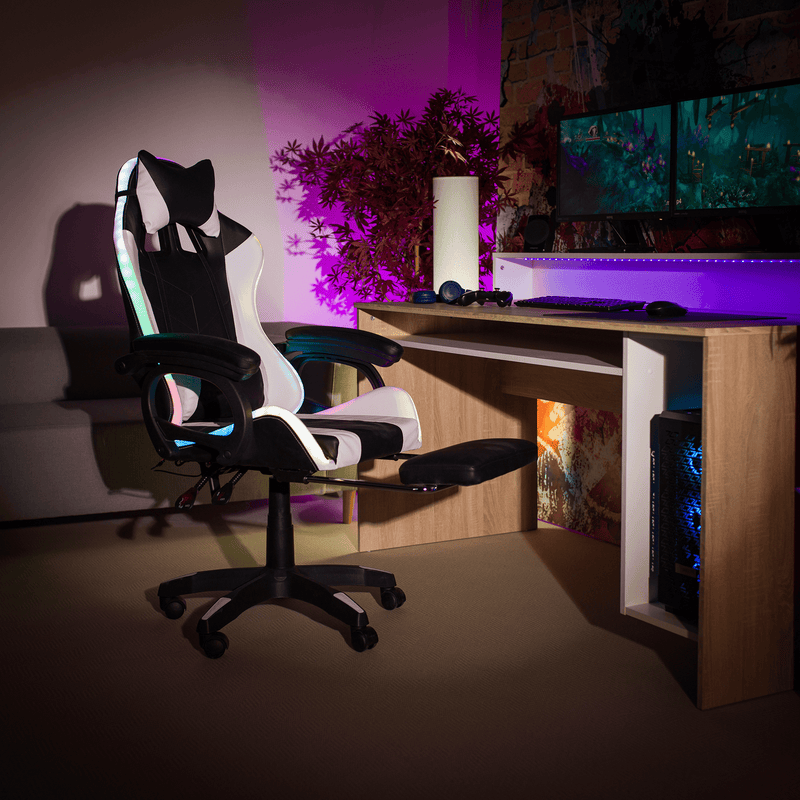 Irodai/gamer szék RGB LED világítással, fekete/fehér, JOVELA