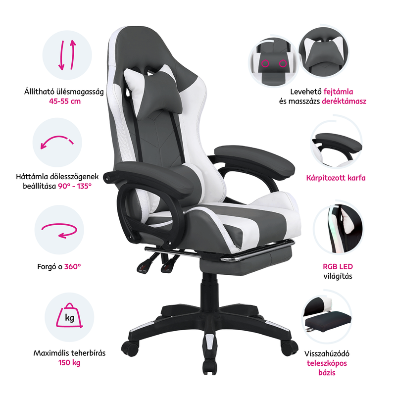 Irodai/gamer szék RGB LED világítással, fekete/fehér, JOVELA