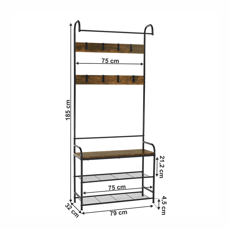 Akasztó cipőtárolóval, fekete fém/MDF rusztikus fa, KELAM