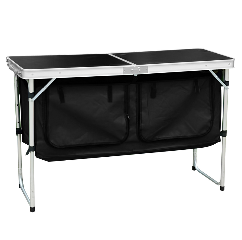 Összecsukható kempingasztal rendszerezővel, 120 cm, alumínium/MDF, KEPI TYP 3