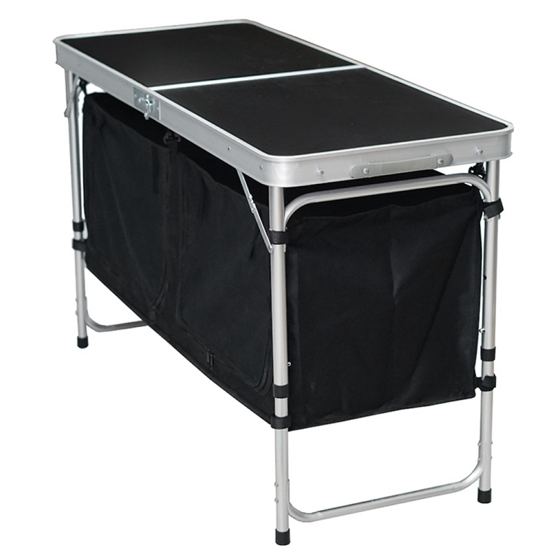 Összecsukható kempingasztal rendszerezővel, 120 cm, alumínium/MDF, KEPI TYP 3