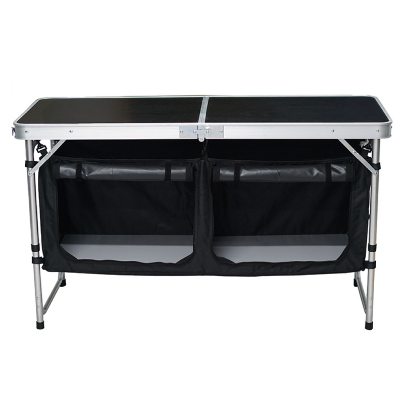 Összecsukható kempingasztal rendszerezővel, 120 cm, alumínium/MDF, KEPI TYP 3