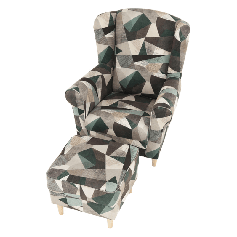 Füles fotel puffal, szövet barna-zöld minta, ASTRID