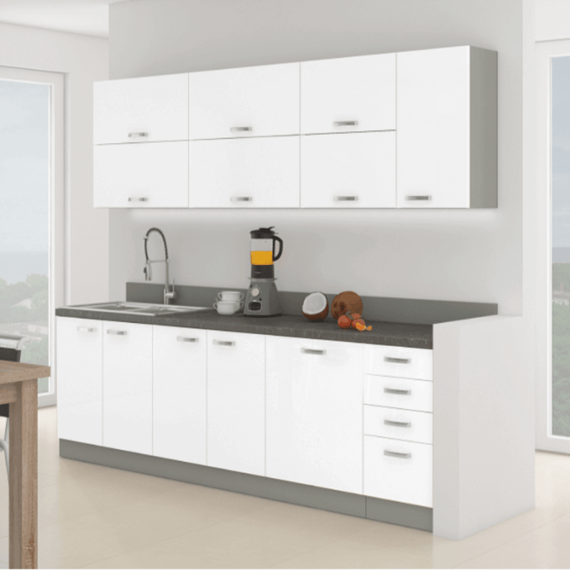 konyhabútor, fehér extra magasfényű/szürke, PRADO