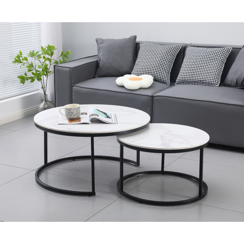 Dohányzóasztalok, 2 db-os szett, fehér márvány/fekete acél, LASTRO