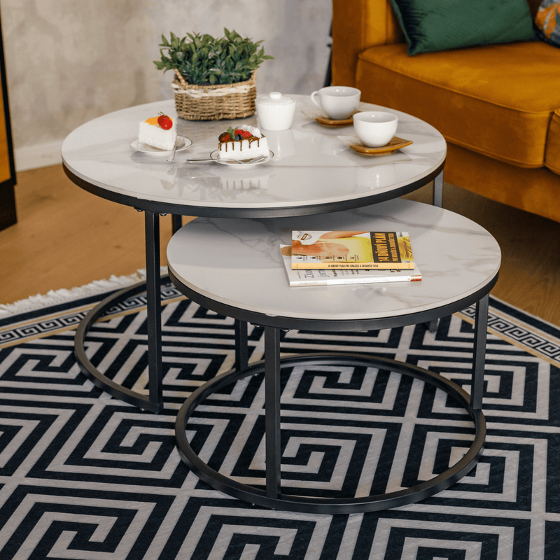 Dohányzóasztalok, 2 db-os szett, fehér márvány/fekete acél, LASTRO