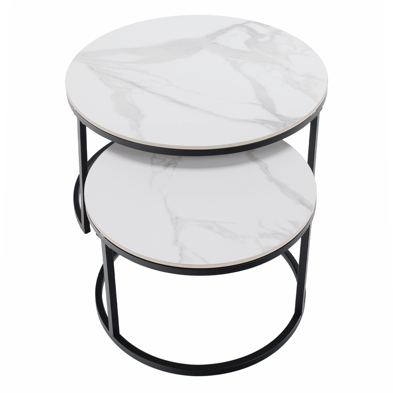 Dohányzóasztalok, 2 db-os szett, fehér márvány/fekete acél, LASTRO