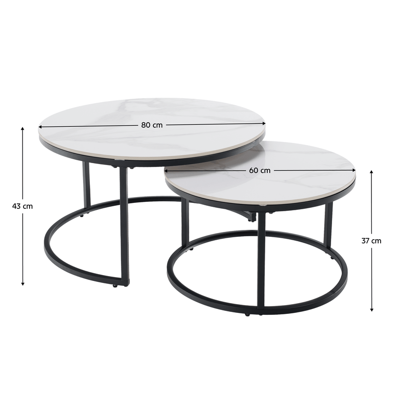 Dohányzóasztalok, 2 db-os szett, fehér márvány/fekete acél, LASTRO
