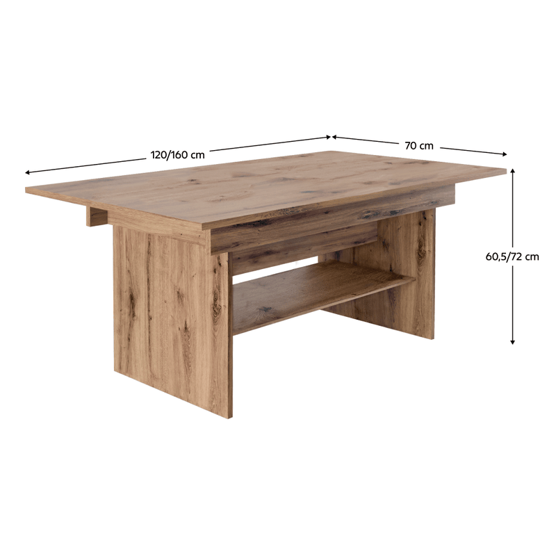 Kihúzható étkező-/dohányzóasztal, artisan tölgy, 120/160x70 cm, LAVKO NEW