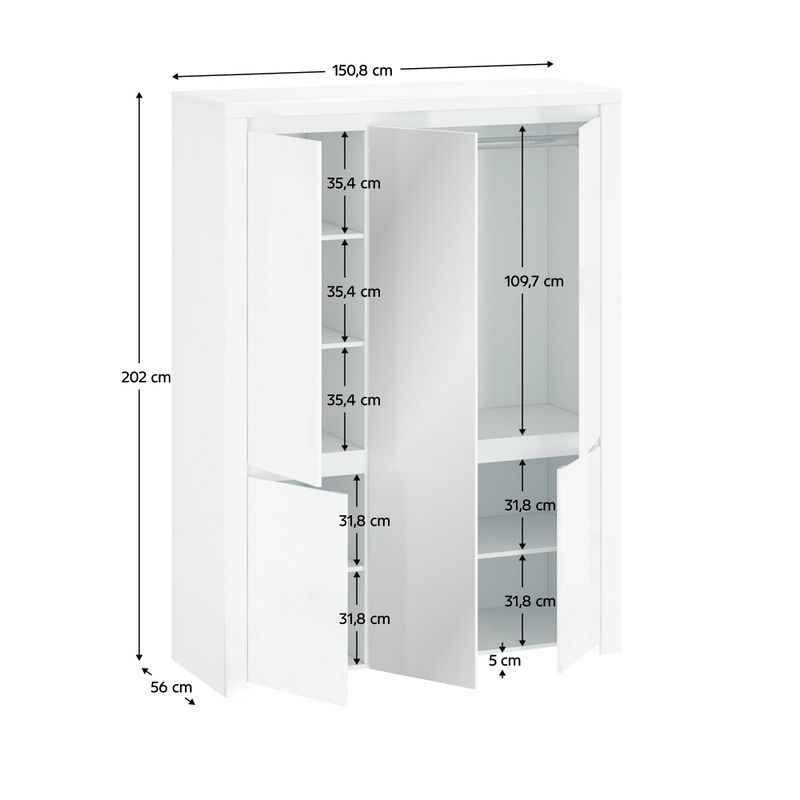 Szekrény 5D tükörrel, fehér fényes, LINDY
