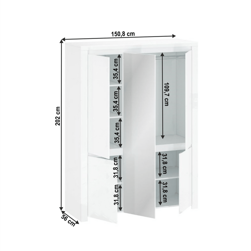 Szekrény 5D tükörrel, fehér fényes, LINDY