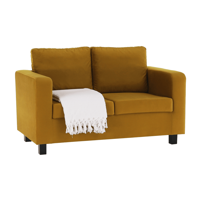 Teljesen kárpitozott heverő, mustár színű szövet, LUANA