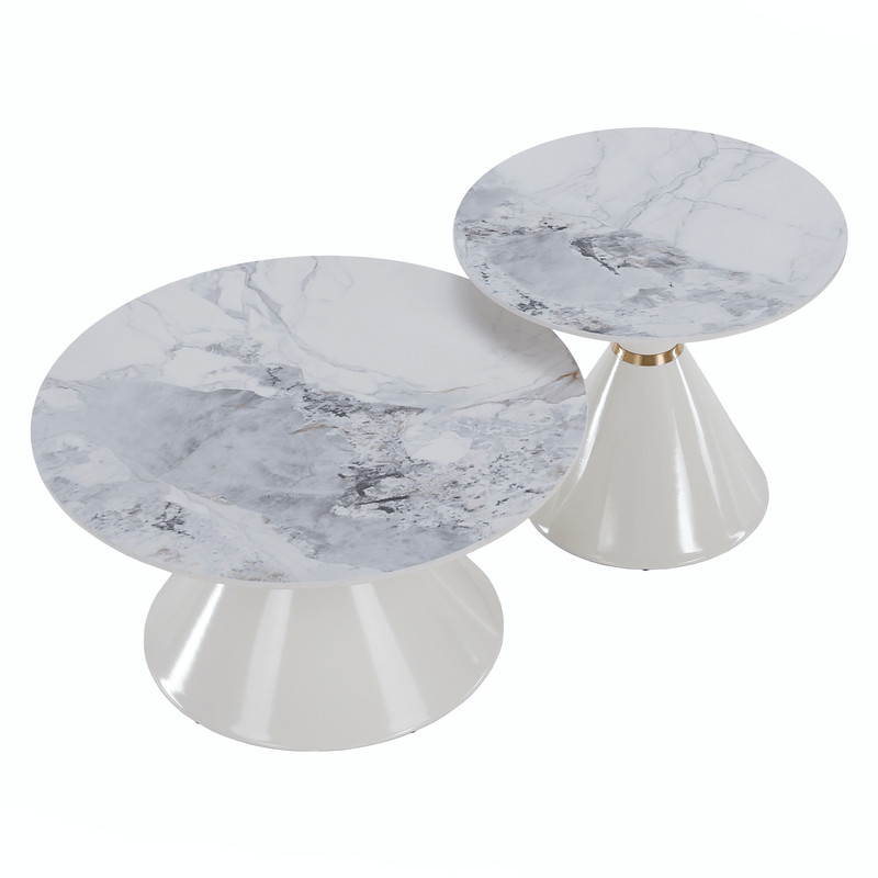 Dohányzóasztalok, 2 db-os szett, fehér márvány/fehér/arany, acél, MABUZ