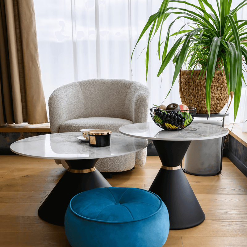 Dohányzóasztalok, 2 db-os szett, fehér márvány/fekete/arany, acél, MABUZ