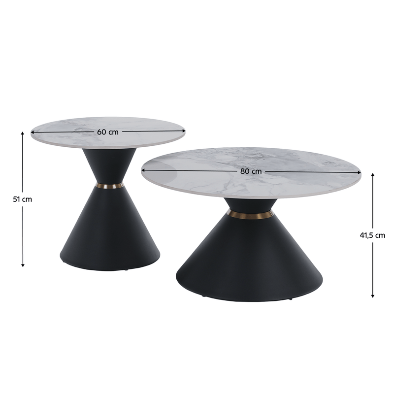 Dohányzóasztalok, 2 db-os szett, fehér márvány/fekete/arany, acél, MABUZ