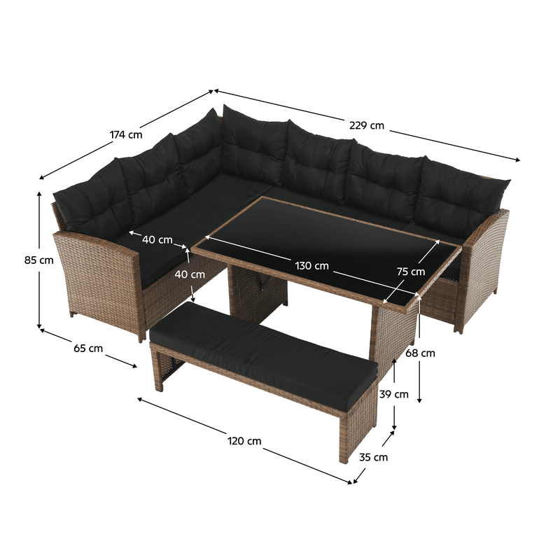 Kerti rattan szett, világosbarna/fekete, MADUL