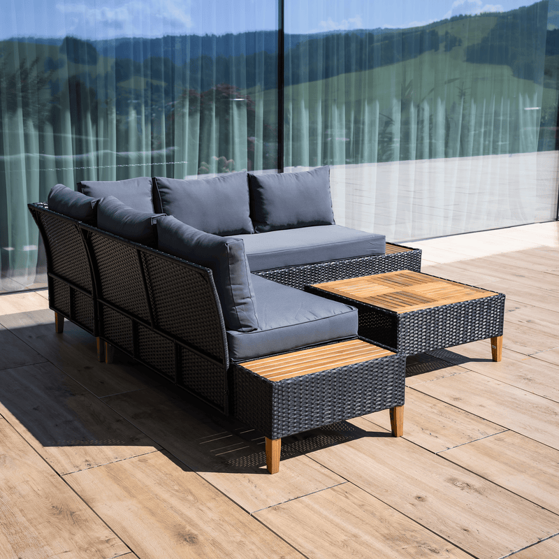 Kerti rattan szett, akácfa, fekete/szürke/természetes, MALKOM