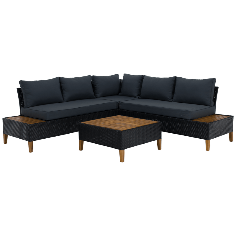 Kerti rattan szett, akácfa, fekete/szürke/természetes, MALKOM