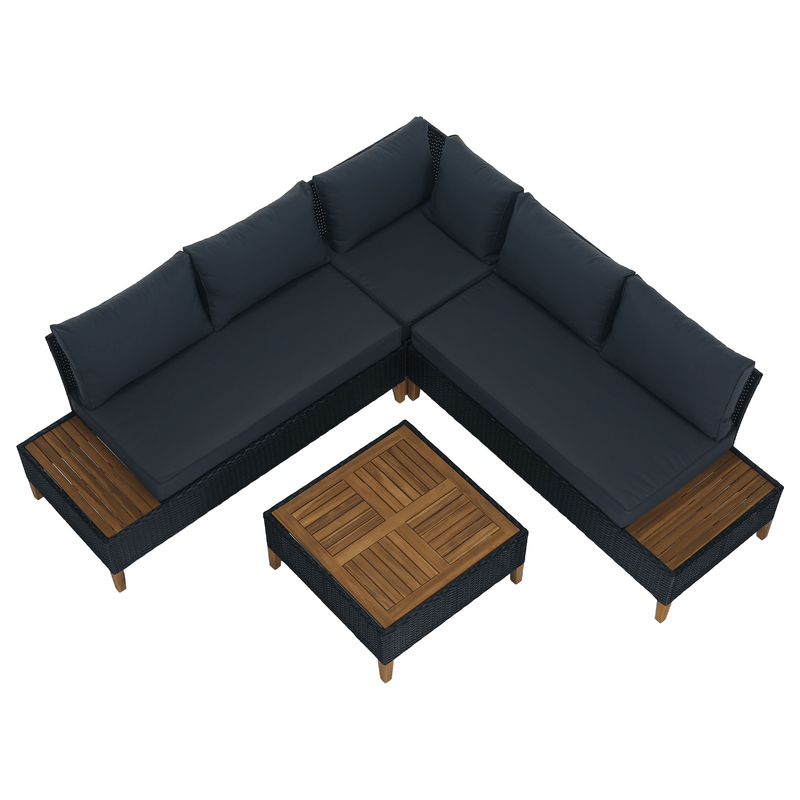 Kerti rattan szett, akácfa, fekete/szürke/természetes, MALKOM