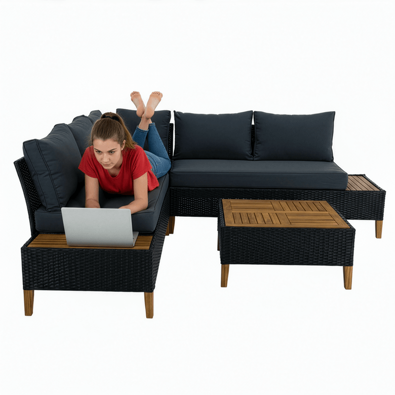 Kerti rattan szett, akácfa, fekete/szürke/természetes, MALKOM