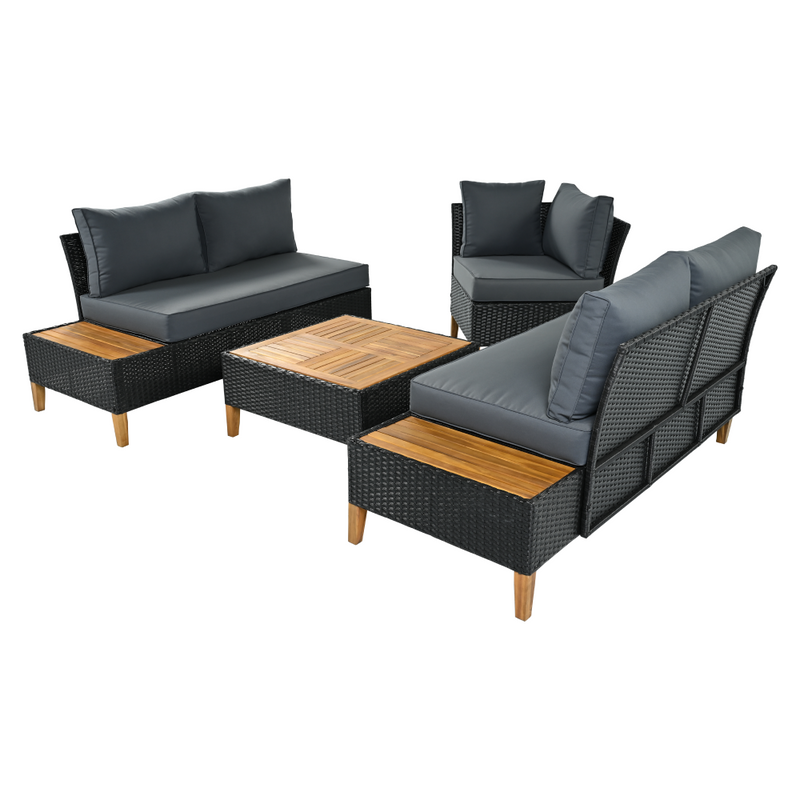 Kerti rattan szett, akácfa, fekete/szürke/természetes, MALKOM