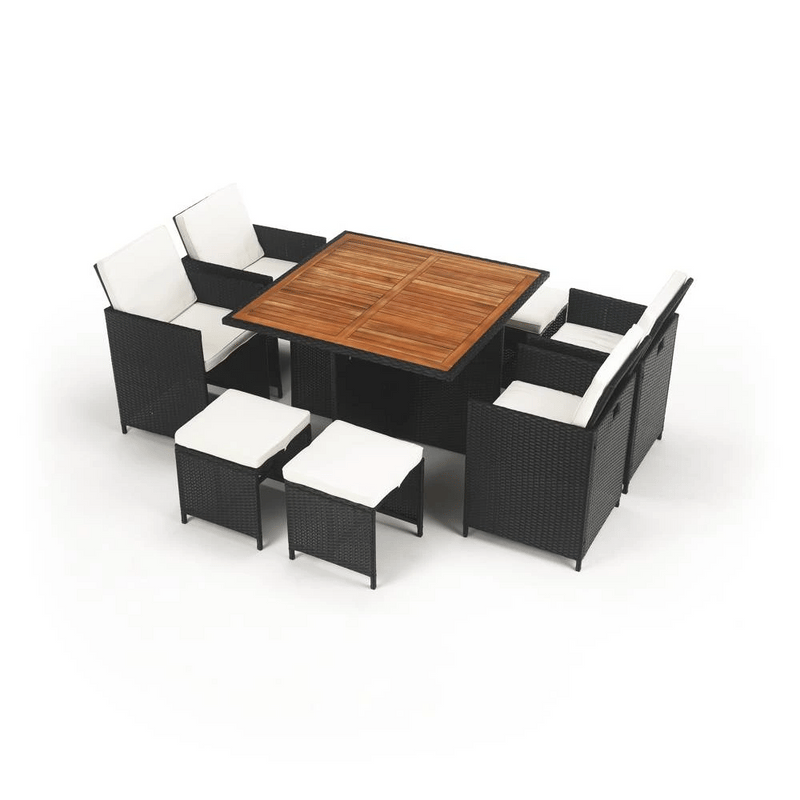 Kerti rattan szett, akácfa, fekete/krémszínű/természetes, MELFORD