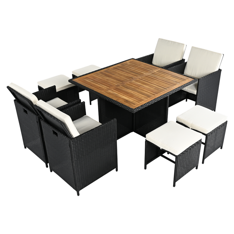 Kerti rattan szett, akácfa, fekete/krémszínű/természetes, MELFORD