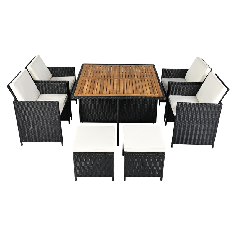 Kerti rattan szett, akácfa, fekete/krémszínű/természetes, MELFORD