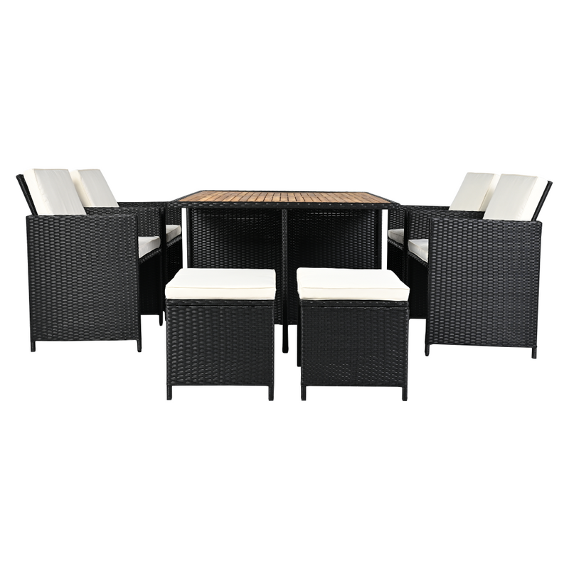 Kerti rattan szett, akácfa, fekete/krémszínű/természetes, MELFORD