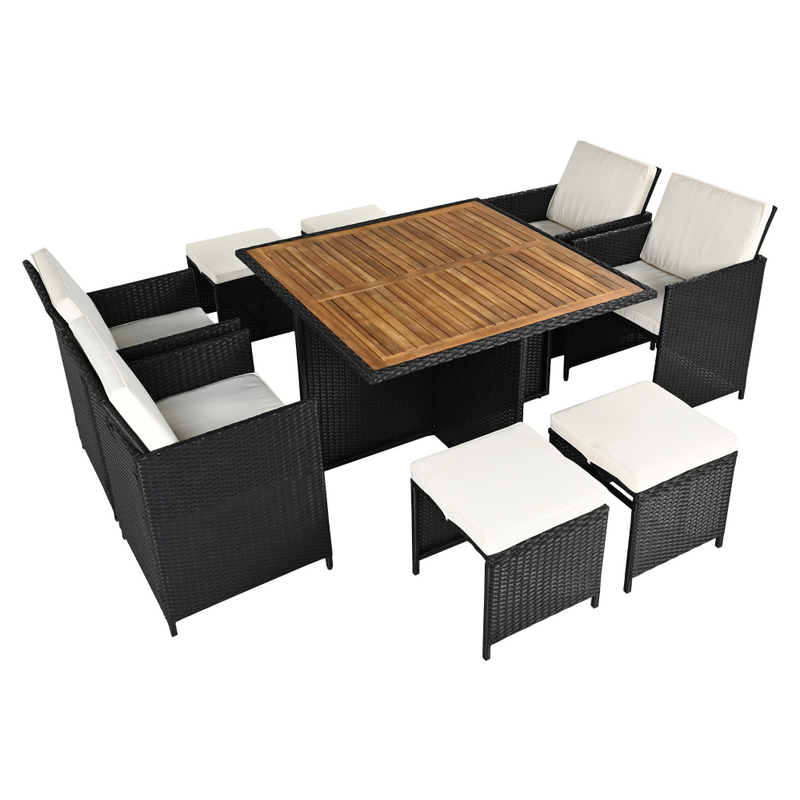 Kerti rattan szett, akácfa, fekete/krémszínű/természetes, MELFORD