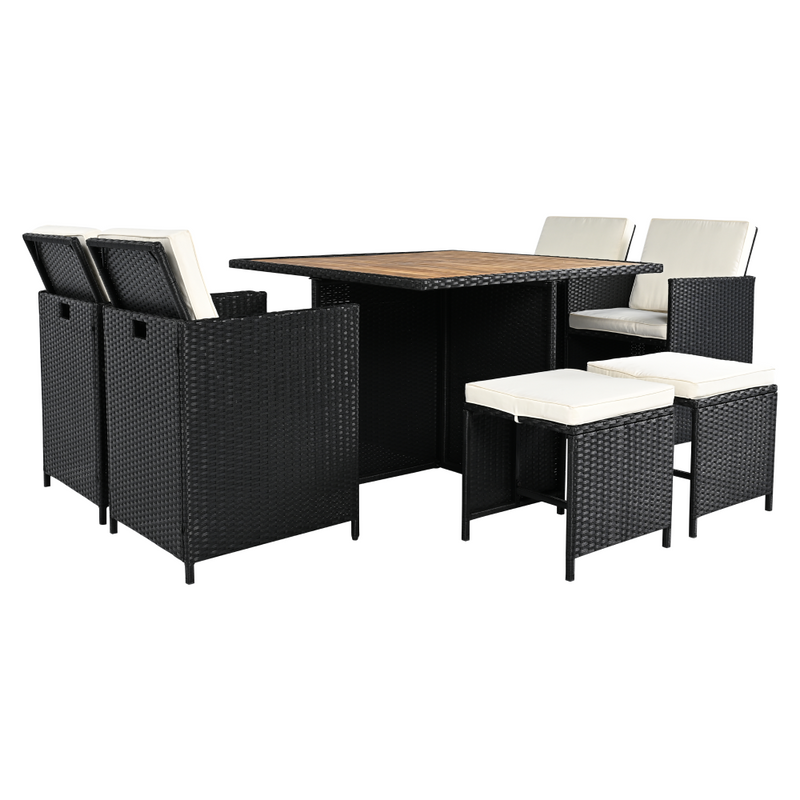 Kerti rattan szett, akácfa, fekete/krémszínű/természetes, MELFORD