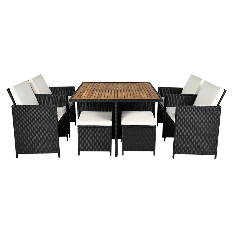 Kerti rattan szett, akácfa, fekete/krémszínű/természetes, MELFORD