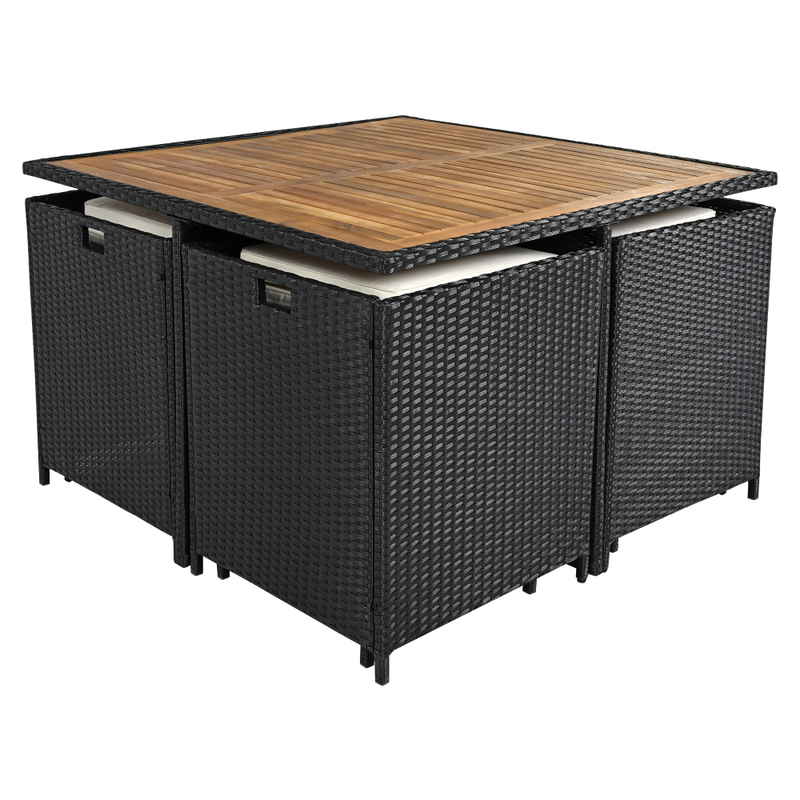 Kerti rattan szett, akácfa, fekete/krémszínű/természetes, MELFORD