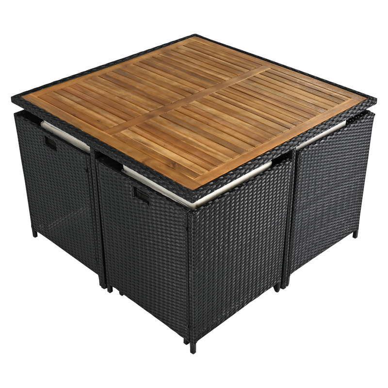 Kerti rattan szett, akácfa, fekete/krémszínű/természetes, MELFORD