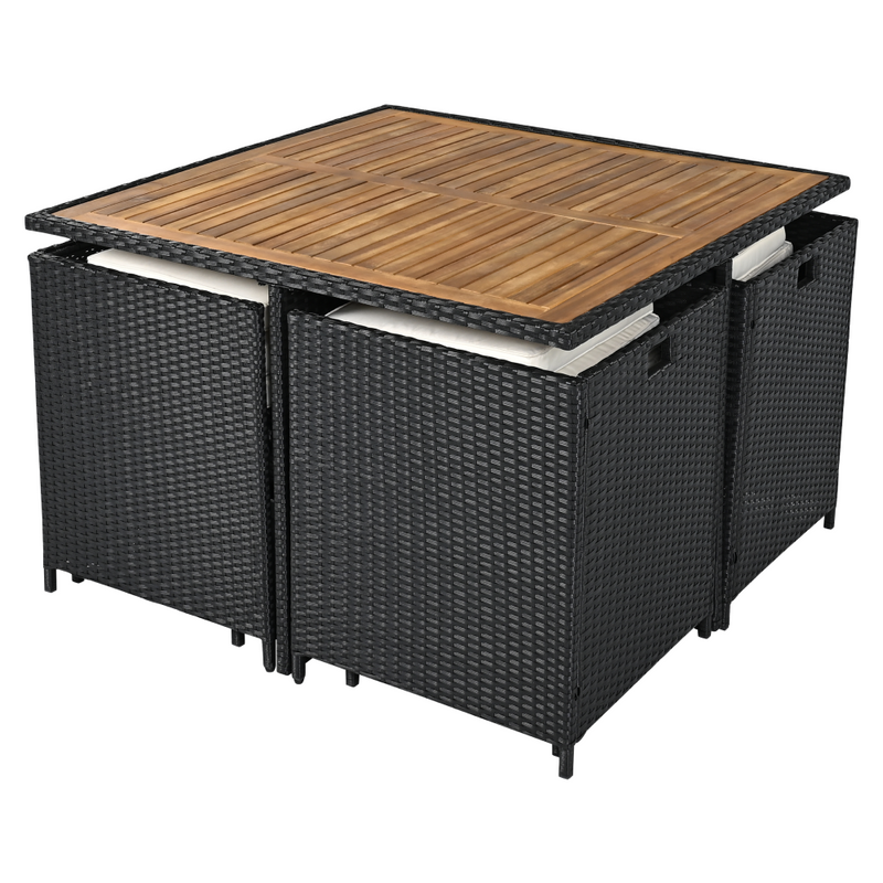 Kerti rattan szett, akácfa, fekete/krémszínű/természetes, MELFORD