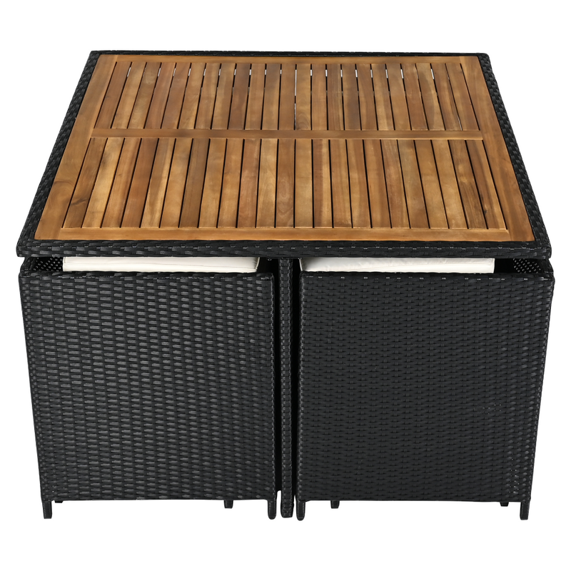 Kerti rattan szett, akácfa, fekete/krémszínű/természetes, MELFORD