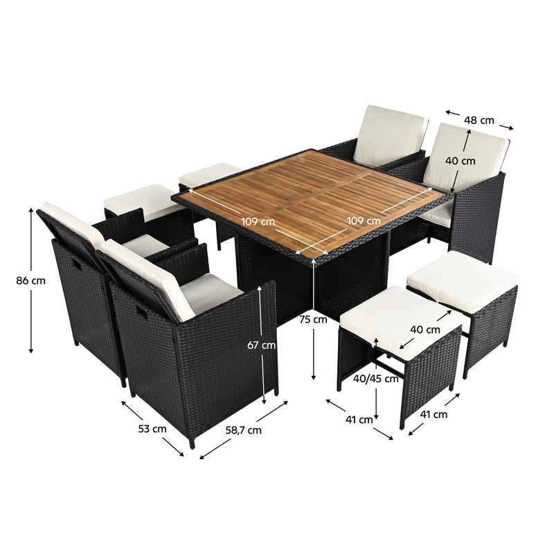 Kerti rattan szett, akácfa, fekete/krémszínű/természetes, MELFORD