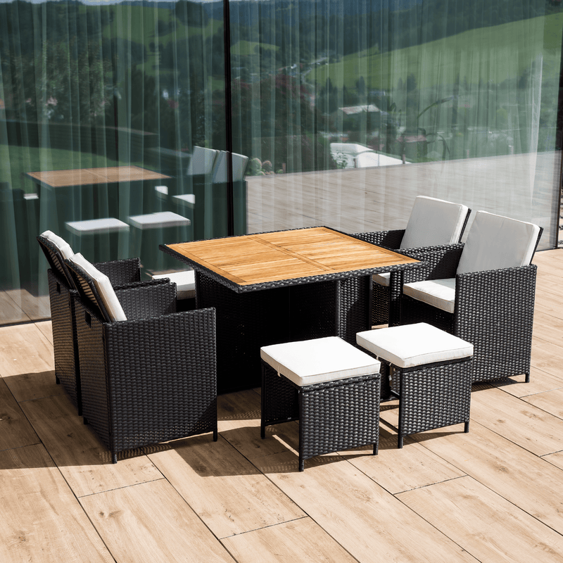 Kerti rattan szett, akácfa, fekete/krémszínű/természetes, MELFORD