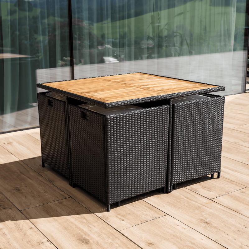 Kerti rattan szett, akácfa, fekete/krémszínű/természetes, MELFORD