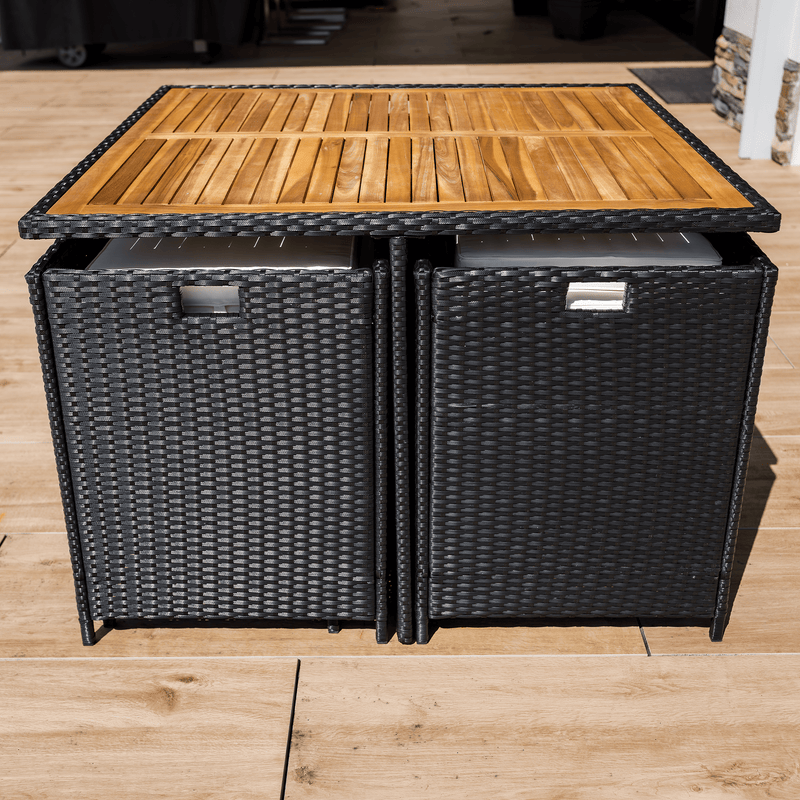 Kerti rattan szett, akácfa, fekete/krémszínű/természetes, MELFORD