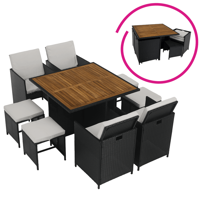 Kerti rattan szett, akácfa, fekete/krémszínű/természetes, MELFORD