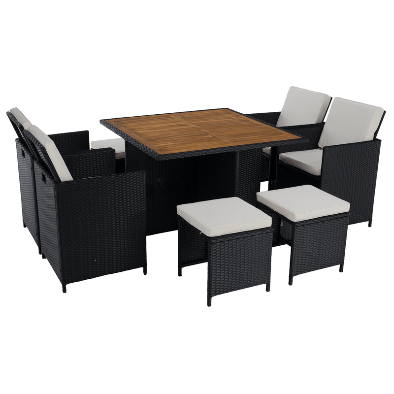 Kerti rattan szett, akácfa, fekete/krémszínű/természetes, MELFORD