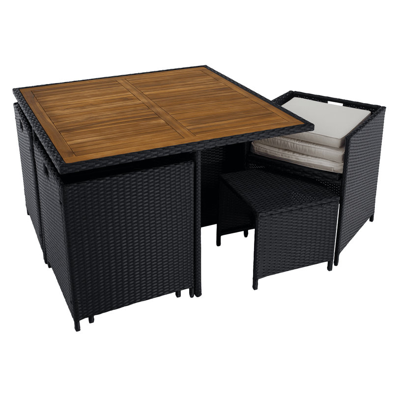 Kerti rattan szett, akácfa, fekete/krémszínű/természetes, MELFORD