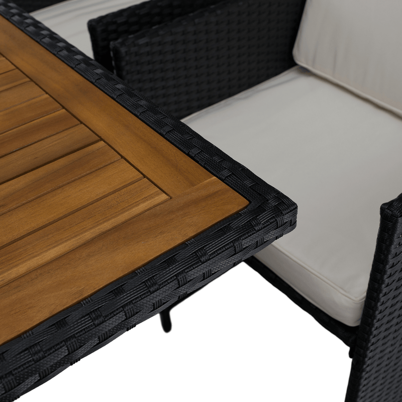 Kerti rattan szett, akácfa, fekete/krémszínű/természetes, MELFORD