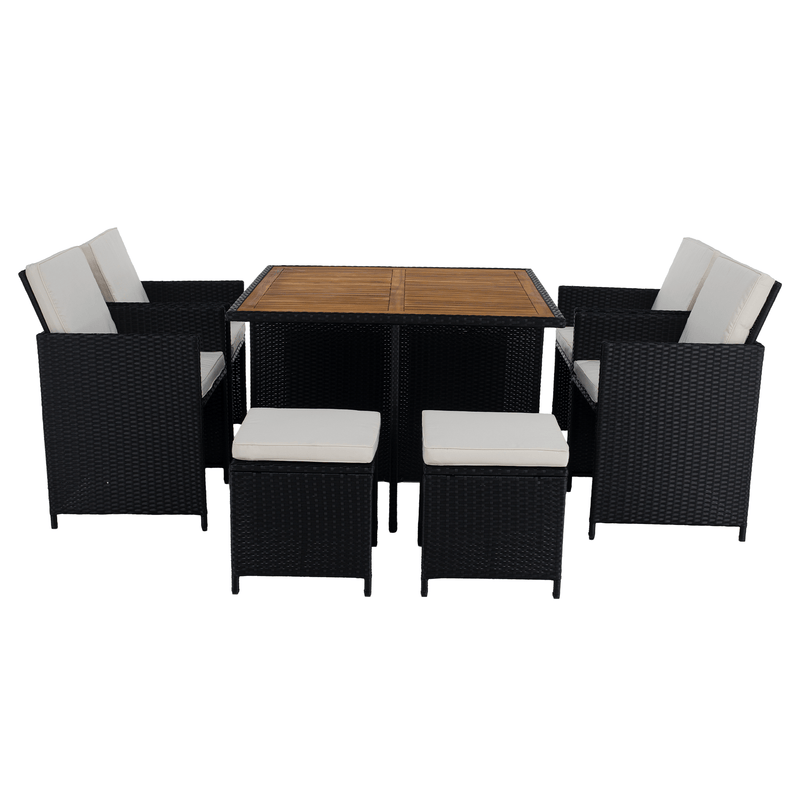 Kerti rattan szett, akácfa, fekete/krémszínű/természetes, MELFORD