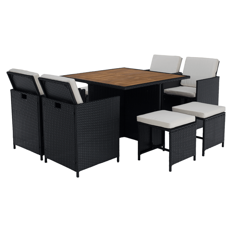 Kerti rattan szett, akácfa, fekete/krémszínű/természetes, MELFORD