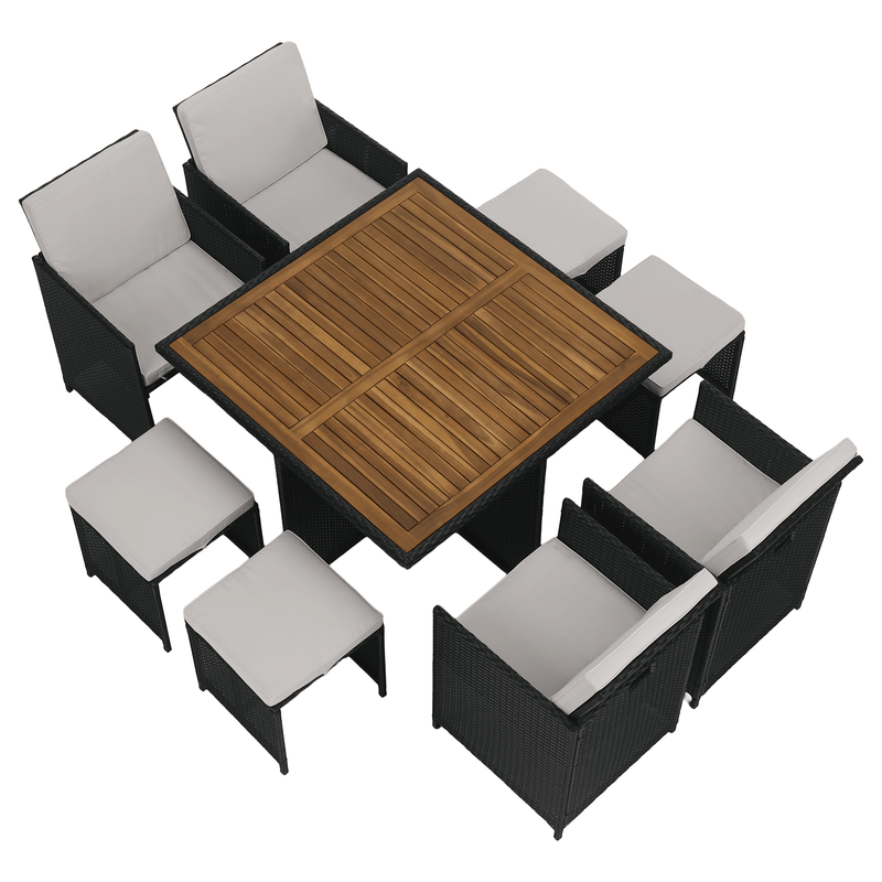 Kerti rattan szett, akácfa, fekete/krémszínű/természetes, MELFORD