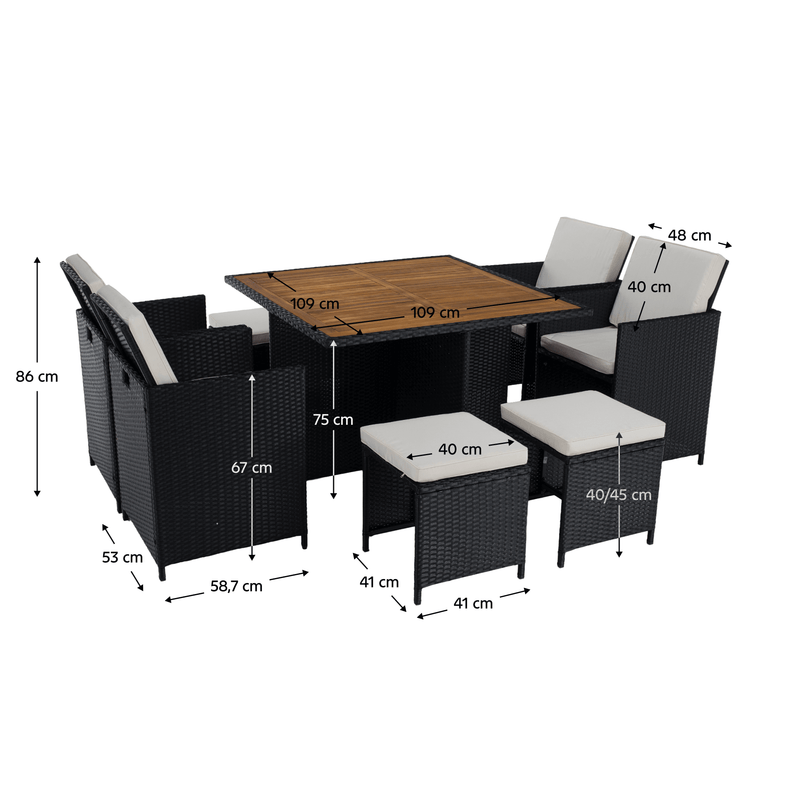 Kerti rattan szett, akácfa, fekete/krémszínű/természetes, MELFORD